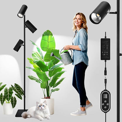 90W Full Spectrum Grow Light, Dimmable COB LED Triple-Head Floor Plant Lamp with High PPFD&CRI, 6/8/12H Timer, Adjustable Height (43"-83") & Angle – Standing Grow Lights for Indoor Plants