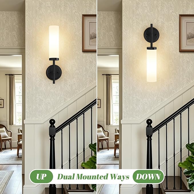 MOKATNG [Hardwired] Wall Sconces Set of Two, Matte Black Bathroom Sconces with Milky White Glass, Modern Wall Light Fixtures for Bathroom Mirror Vanity, Living Room, Hallway, Stairway, Cabinet, Foyer