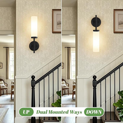 MOKATNG [Hardwired] Wall Sconces Set of Two, Matte Black Bathroom Sconces with Milky White Glass, Modern Wall Light Fixtures for Bathroom Mirror Vanity, Living Room, Hallway, Stairway, Cabinet, Foyer