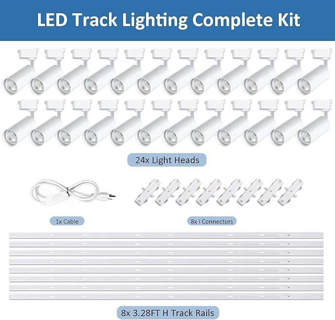 Ultra-Bright H Type White Track Lighting Kit with 26.21 FT Track Rails, 24Heads 6000K Cool White 20W 2400lm, Dimmable Plug in LED Track Lights for Store, Moblie Cart and Office