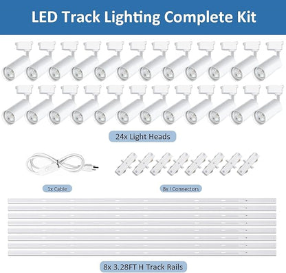 Ultra-Bright H Type White Track Lighting Kit with 26.21 FT Track Rails, 24Heads 6000K Cool White 20W 2400lm, Dimmable Plug in LED Track Lights for Store, Moblie Cart and Office
