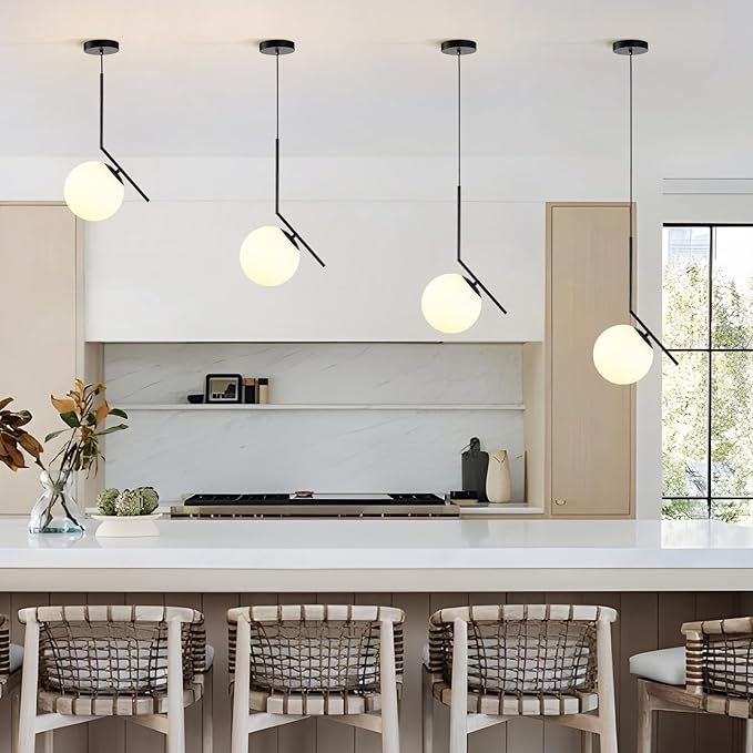Modern Pendant Light, 1-Light Black Glass Globe Ceiling Pendant Lamp, Bedside Matte Hanging Pendant Light Fixtures for Bedroom Living Dining Room Kitchen