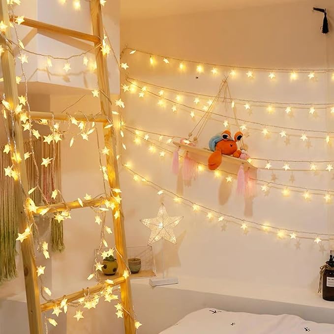 2 Pack Star String Lights - 17 Ft 50 LED Fairy Christmas Lights Battery Operated, Indoor Outdoor Waterproof Star Twinkle Light for Bedroom Tent Loft Bed Party Camping Decor