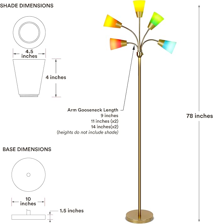 Brightech Medusa Modern LED Floor Lamp – Multi Head Floor Lamp for Living Rooms & Offices – Tall Lamp with Interchangeable Shade, Standing Lamp with 5 LED Bulbs for Hobbies - Brass