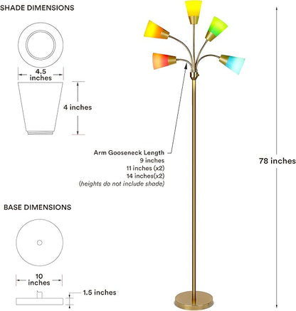 Brightech Medusa Modern LED Floor Lamp – Multi Head Floor Lamp for Living Rooms & Offices – Tall Lamp with Interchangeable Shade, Standing Lamp with 5 LED Bulbs for Hobbies - Brass