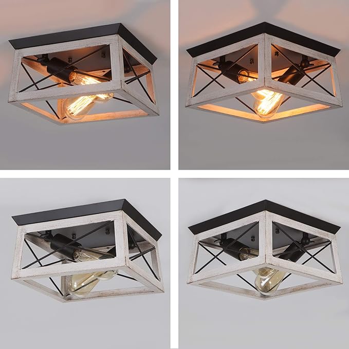 Luupyia 2Light Farmhouse Ceiling Light Fixture Semi Flush Mount, White Ceiling Light Rectangle Rustic Lighting Farmhouse Hallway Lights Fixtures Foyer Lighting for Entryway 11Inches, E26