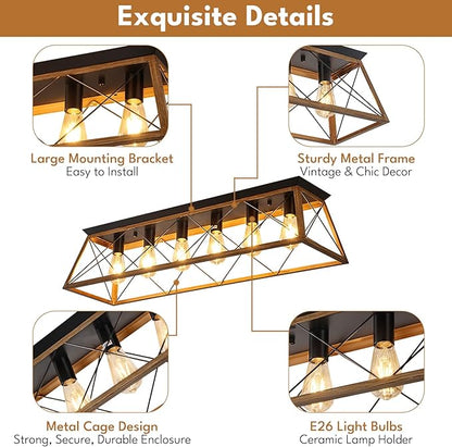 38” Large Flush Mount Ceiling Light Fixture, 6-Light Vintage Industrial Flush Mount Chandelier with Cage Design, Walnut Finish Farmhouse Lighting for Dining Room Kitchen Island Living Room Hallway