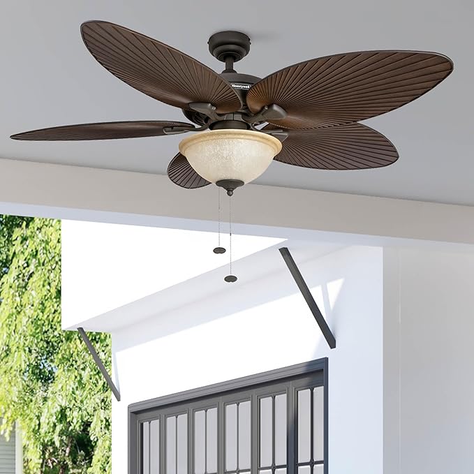 Honeywell Ceiling Fans Palm Island 52 Inch Ceiling Fan With Light, Indoor/Outdoor Ceiling Fan with Pull Chain, Tropical LED Dual-Mount 5 Palm Leaf Blade Design, ETL Damp Rated, Bronze (50202-01)
