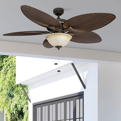 Honeywell Ceiling Fans Palm Island 52 Inch Ceiling Fan With Light, Indoor/Outdoor Ceiling Fan with Pull Chain, Tropical LED Dual-Mount 5 Palm Leaf Blade Design, ETL Damp Rated, Bronze (50202-01)
