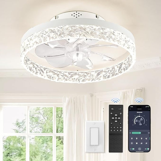ZMISHIBO Ceiling Fans with Lights, Low Profile Ceiling Fan with Light and Remote, Flush Mount Ceiling Fan, Reversible, Dimmable, Noiseless, 15.7 inch Small Ceiling Fans for Bedroom, Indoor Use - White