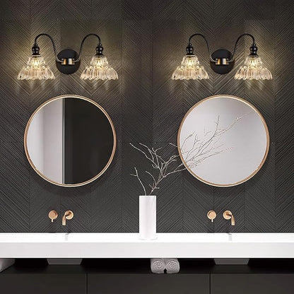 2-Light Modern Wall Sconce Black Wall Light Fixtures Made of Metal Body and Pressed Patterned Glass with Unique Design Vanity Light for Bedroom, Bathroom, Doorway, Farmhouse