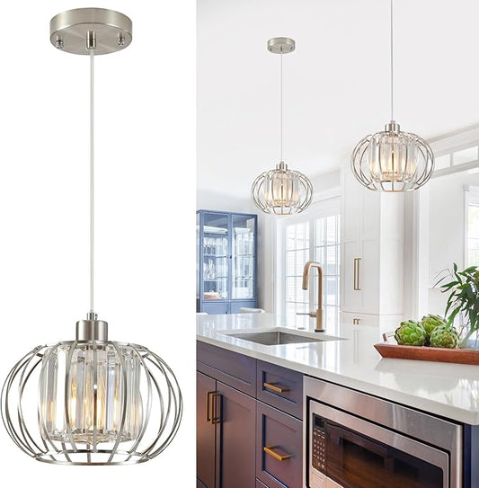 XSDeTu Brushed Nickel Pendant Light Fixtures, Modern Crystal Hanging Ceiling Light, Farmhouse Small Chandeliers, Metal Cage Pendant Lighting, Adjustable Pendant Lights Kitchen Island, Hallway