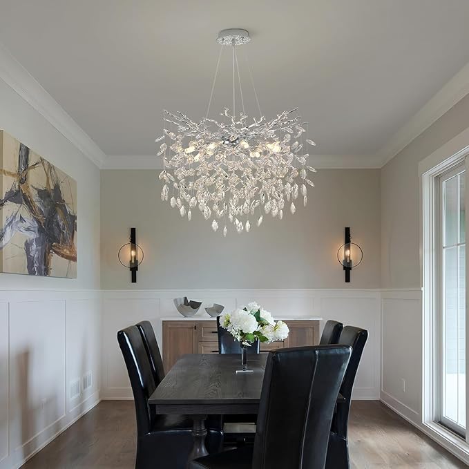 Tree Branches Chandeliers Luxury Round Crystal Pendant Light 8 Light Ceiling Hanging Light for Dining Room Bedroom Living Room Entryway 23.7" Silver