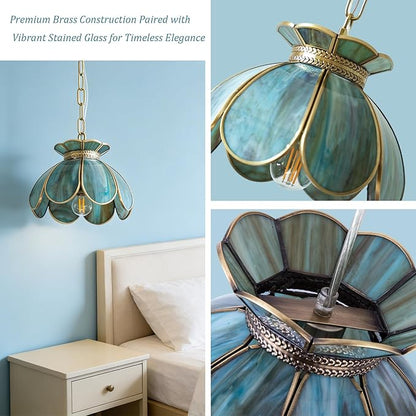 Brass Glass Ceiling Pendant Light, Hanging Chain Lamp, with Vintage Lotus Flower Blue Green Glass Shade for Kitchen Island Dining Room Bedroom Living Room - 7.9" Shade
