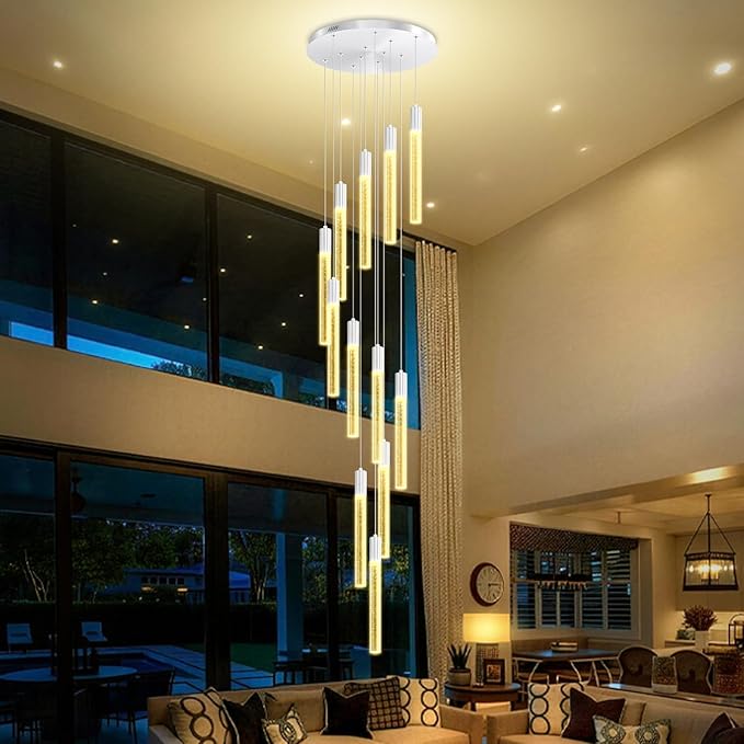 Luxury 12 Light Modern Crystal Pendant Light - 118" High Ceiling Silver LED Dimmable Pendant Light for Bedside Island Kitchen Living Room