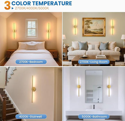 NIORSUN 27.6 Inch Battery Operated Wall Sconce Set of 2, Gold Round Base Rechargeable Wall Lights with Remote, 3CCT Dimmable Wireless Wall Sconces for Living Room Bedroom Hallway