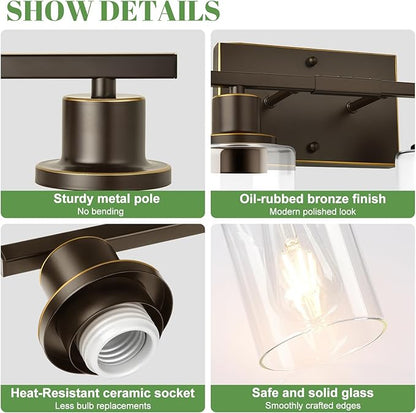 MOKATNG 4-Light Bathroom Light Fixtures, Vanity Light with Clear Glass Shades, Oil-Rubbed Bronze Bathroom Light Fixtures Over Mirror, Modern Bathroom Wall Lamp for Mirror Living Room Cabinet Bedroom