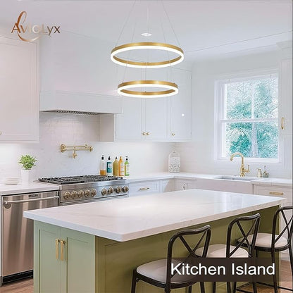 2 Rings Modern LED Chandelier Gold High Ceiling Ring Chandeliers with Remote Control Circular Pendant Light Dimmable for Dining Room Living Room Bedroom Hallway Kitchen Island 3000K-6500K