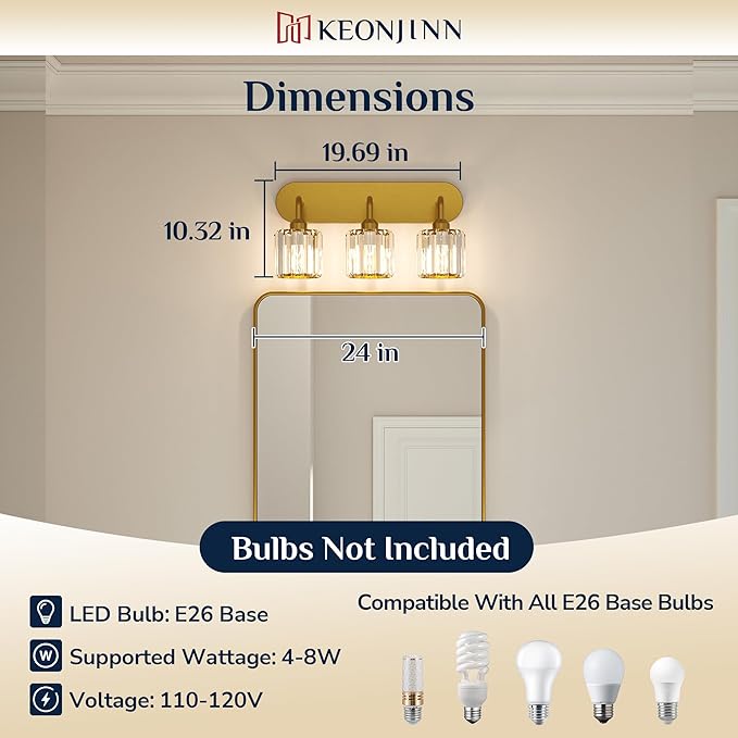 Keonjinn 3-Light Gold Bathroom Light Fixtures, Crystal Bathroom Vanity Lights Over Mirror, Gold Vanity Lighting Fixtures with Crystal Square Shades (E26 Base, Blub Not Included)