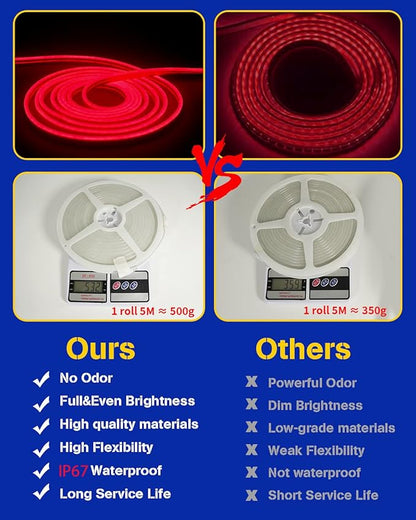 DUOFU365 RED Neon LED Strip Light, DC 12V 600 SMD2835 LED Neon Rope Lights,Upgraded 16.4ft/5m Led Light Strips Flexible Waterproof for Indoor/Outdoors Home Decoration/DIY(No Power Adapter)