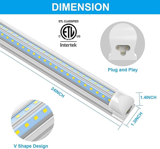 CNSUNWAY LED Shop Lights 2FT, 22W High-Efficiency Under Cabinet Lighting 6500K Cool White, V-Shaped Linkable T8 Shop Light for Workbench, Kitchen, Workshop, Basement, ETL Listed (6-Pack)