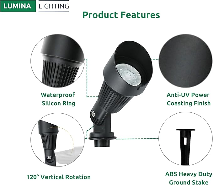 Lumina Lighting® 5W Landscape Lighting 12V Landscape Lights Low Voltage Landscape Spotlights Warm White Waterproof Outdoor Replaceable LED Bulb for Garden,Lawn,Porch,Patio and Yard (Black) (6-Pack)