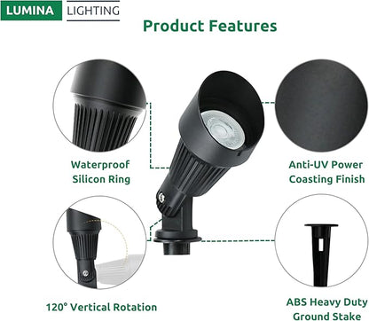 Lumina Lighting® 5W Landscape Lighting 12V Landscape Lights Low Voltage Landscape Spotlights Warm White Waterproof Outdoor Replaceable LED Bulb for Garden,Lawn,Porch,Patio and Yard (Black) (6-Pack)