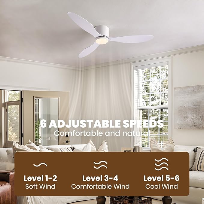LUDOMIDE Ceiling Fans with Lights,52 Inch Low Profile Ceiling Fan with Wall Control and Remote Control,Dimmable,Flush Mount Ceiling Fan with Noiseless DC Reversible Motor for Bedroom Indoor Use