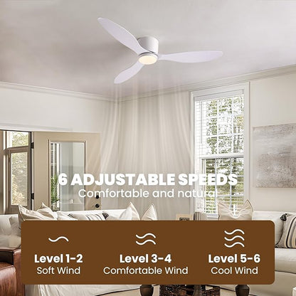 LUDOMIDE Ceiling Fans with Lights,52 Inch Low Profile Ceiling Fan with Wall Control and Remote Control,Dimmable,Flush Mount Ceiling Fan with Noiseless DC Reversible Motor for Bedroom Indoor Use