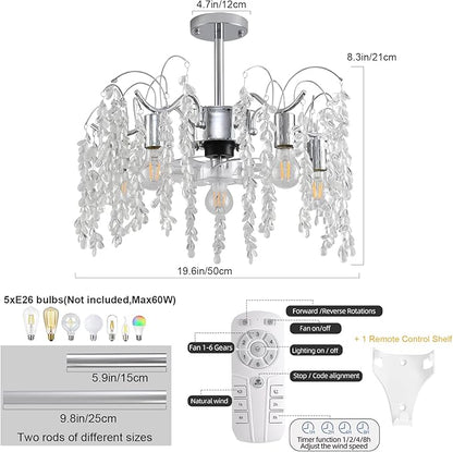 Garwarm 20in Ceiling Fans with Lights,Modern Fandelier Ceiling Fan with Light and Remote,Bladeless Crystals Chandelier Ceiling Fan for Bedroom Kitchen Living Room(6 Speed, Timing)-Chrome
