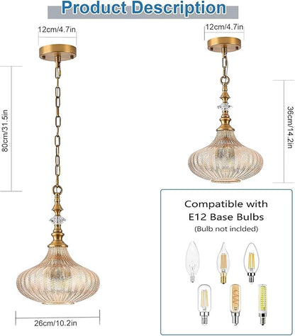 3-Light Pendant Light Fixture,Vintage Gold Farmhouse Chandelier for Kitchen,Adjustable Amber Glass Ceiling Hanging Lighting for Hallway Bedroom Entryway Dining Room Islan