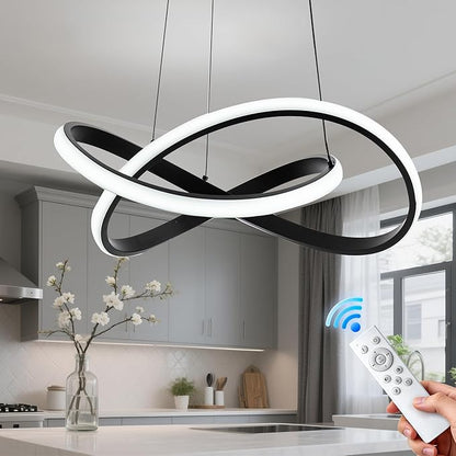 MAYNA Modern LED Pendant Light with Remote Control, 3-Color Dimmable Contemporary LED Chandelier with Irregular Ring Lights, Modern Chandeliers for Dining Room Kitchen, Black 25.6 inch