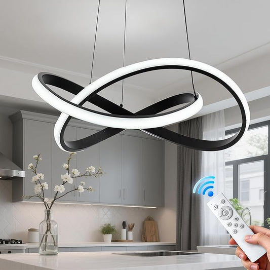 MAYNA Modern LED Pendant Light with Remote Control, 3-Color Dimmable Contemporary LED Chandelier with Irregular Ring Lights, Modern Chandeliers for Dining Room Kitchen, Black 25.6 inch