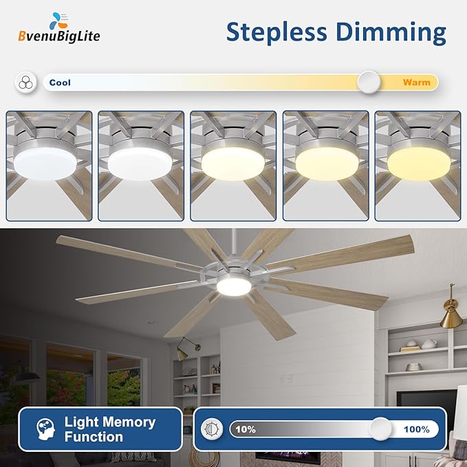 Large Ceiling Fans with Lights: Modern 72 Inch 8 Blade Outdoor Ceiling Fan with Remote APP Control - Dimmable Wood Big Fan light Indoor Reversible 6 Speed Quiet DC Motor