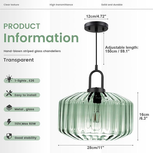Modern Hanging Lights Light Green Pendant Light Fixtures Mid Century Large Glass Pendant Lights 11" Striped Glass Shade Black Schoolhouse Ceiling Light Fixture Kitchen Hanging Lamp