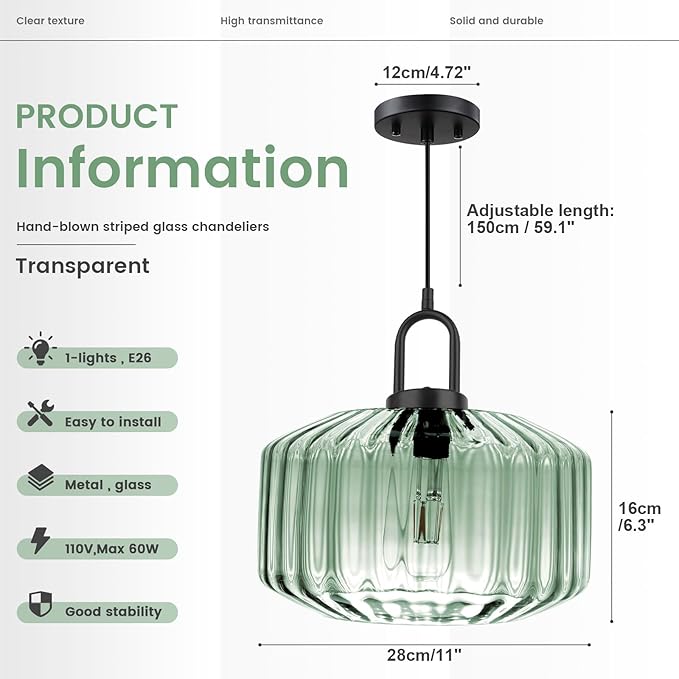 2-Lights Modern Hanging Light Green Pendant Light Fixtures Mid Century Large Glass Pendant Lights 11" Striped Glass Shade Black Schoolhouse Kitchen Sink Ceiling Hanging Lamp Fixture