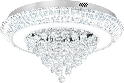 Modern LED Crystal Chandelier, Large Round Raindrop Chandelier for Living Dining Room 32in Chorme Flush Mount Ceiling Light Kitchen Island Bar
