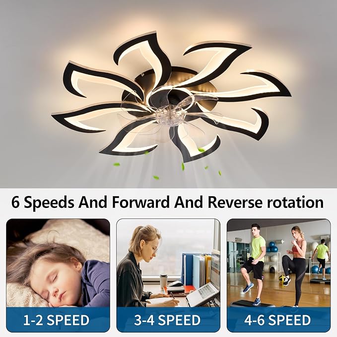 Black Flower Modern Ceiling Fans with Lights, Low Profile Ceiling Fan with Remote for Bedroom, 32inch Flush Mount Ceiling Fan with LED Dimmable Light,6-Speeds, Timing CeilingFan Light-8L