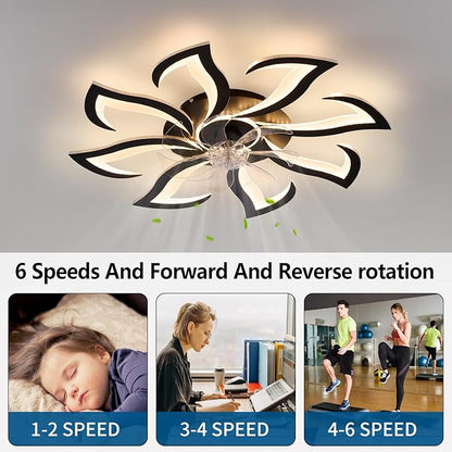 Black Flower Modern Ceiling Fans with Lights, Low Profile Ceiling Fan with Remote for Bedroom, 32inch Flush Mount Ceiling Fan with LED Dimmable Light,6-Speeds, Timing CeilingFan Light-8L