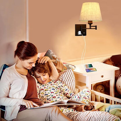 Bedside Wall Mount Light with Dimmable Switch and Outlet, Swing Arm Fabric Shade Wall Sconce Light with USB Port and Plug in Cord, Black Wall Lamp for Bedroom, Living Room and Hotel