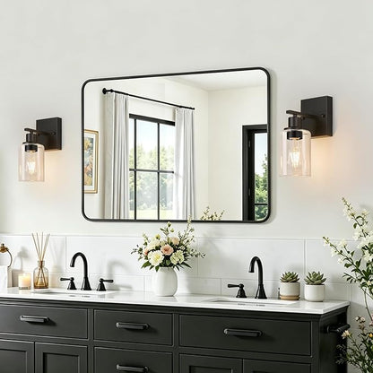 Indoi Set of 2 Wall Sconces for Bathroom, Matte Black Modern Vanity Lights with Clear Glass Shade, Bathroom Wall Lamp for Mirror Kitchen Living Room Hallway Cabinet Porch