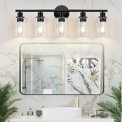 Zarbitta 5-Light Bathroom Light Fixtures, Black Modern Vanity Lights with Clear Glass Shade, Bathroom Wall Lamp for Mirror Kitchen Living Room Hallway Cabinet Porch