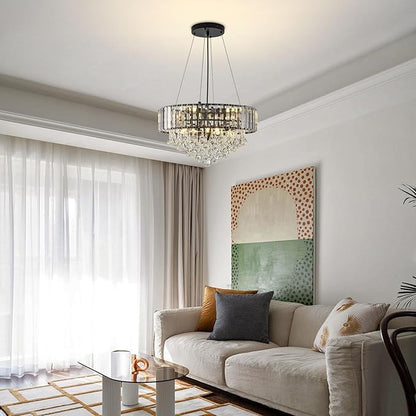 HOPGGIE 17 Inch Crystal Chandeliers Flush Mount Chandelier G9 Base Round Modern Ceiling Light Fixture Pendant Lighting for Living Room Dining Room Laundry Room Kitchen Bedroom (Black)