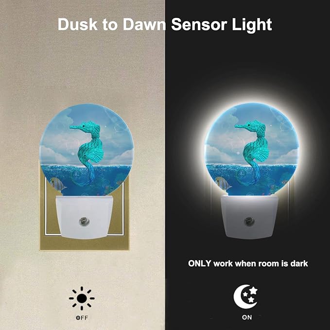 EKOBLA Seahorse Plug-in Night Light, Watercolor Ocean Marine Wildlife LED Nightlight with Auto Sensor for Bedroom, Bathroom & Nursery