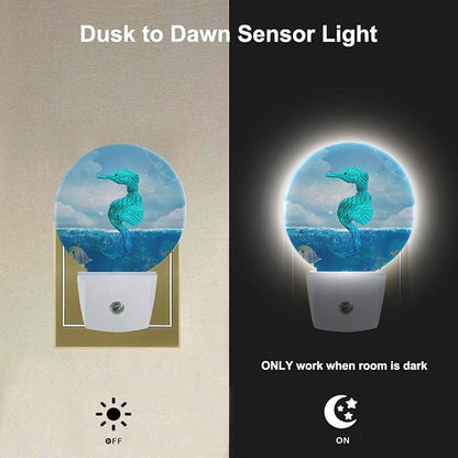 EKOBLA Seahorse Plug-in Night Light, Watercolor Ocean Marine Wildlife LED Nightlight with Auto Sensor for Bedroom, Bathroom & Nursery