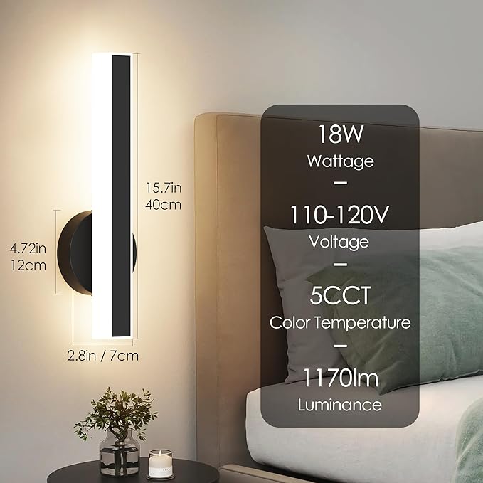 Aipsun Black Wall Sconce Hardwired Modern LED 18W Wall Sconce Set of Two, 15.7Inches Wall Lights for Living Room Bedroom Hallway 5CCT