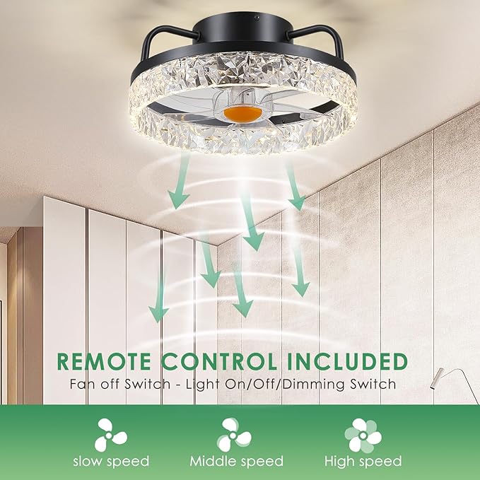 Mpayel 13" Ceiling Fans with Lights and Remote - Flush Mount Low Profile Ceiling Fans - Bladeless Enclosed Fans with Led Light and Stepless Dimming, Small Modern Fan for Bedroom
