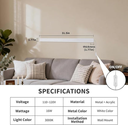 KELUOLY Modern Plug in Wall Lights, 31.4 inch Frosted White LED Long Wall Sconce, 16W Warm White 3000K Acrylic Indoor Wall lamp,with 59" Plug Cable for Bedroom, Living Room, Hallway