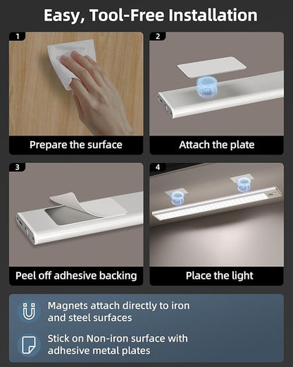 14.5-inch Under Cabinet Lights, Wireless Closet Light, Motion Sensor, 3500mAh Rechargeable Battery, Magnetic, 3 Color Temps, 5 Levels Dimmable, Under Counter Lights for Kitchen (2 Pack)