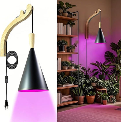 Wall-Mounted Grow Light for Indoor Plants,Full Spectrum LED Plant Light with 15W Bulb, Plug-in Wall Plant Lamp with 16.5ft Cord and Switch,Perfect for Mushrooms,Flowers,Herbs,Seedlings&Gardens